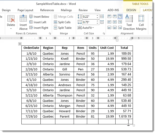 How to count data in rows and columns of Word 2013 table