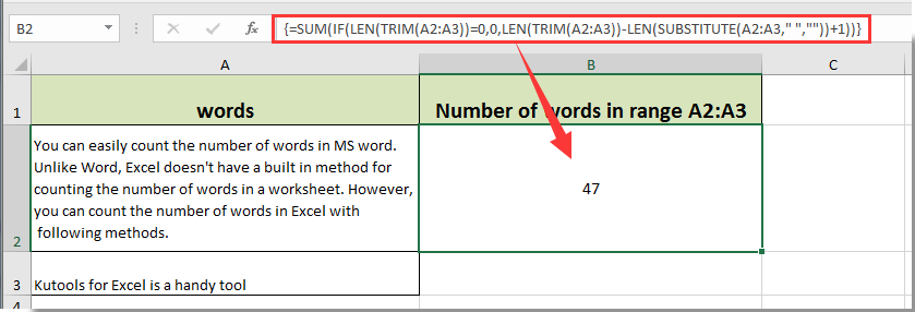 Ինչպես հաշվել բառերի քանակը Excel աղյուսակի բջիջում