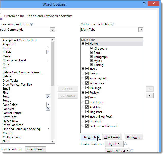 How to create a custom tab on the Office 2013 Ribbon