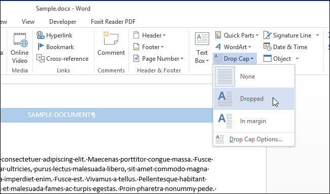 How to create a drop cap in Word 2013