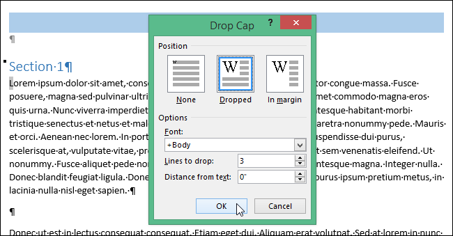 How to create a drop cap in Word 2013