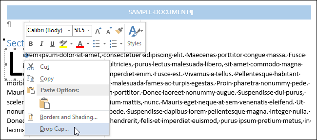 How to create a drop cap in Word 2013