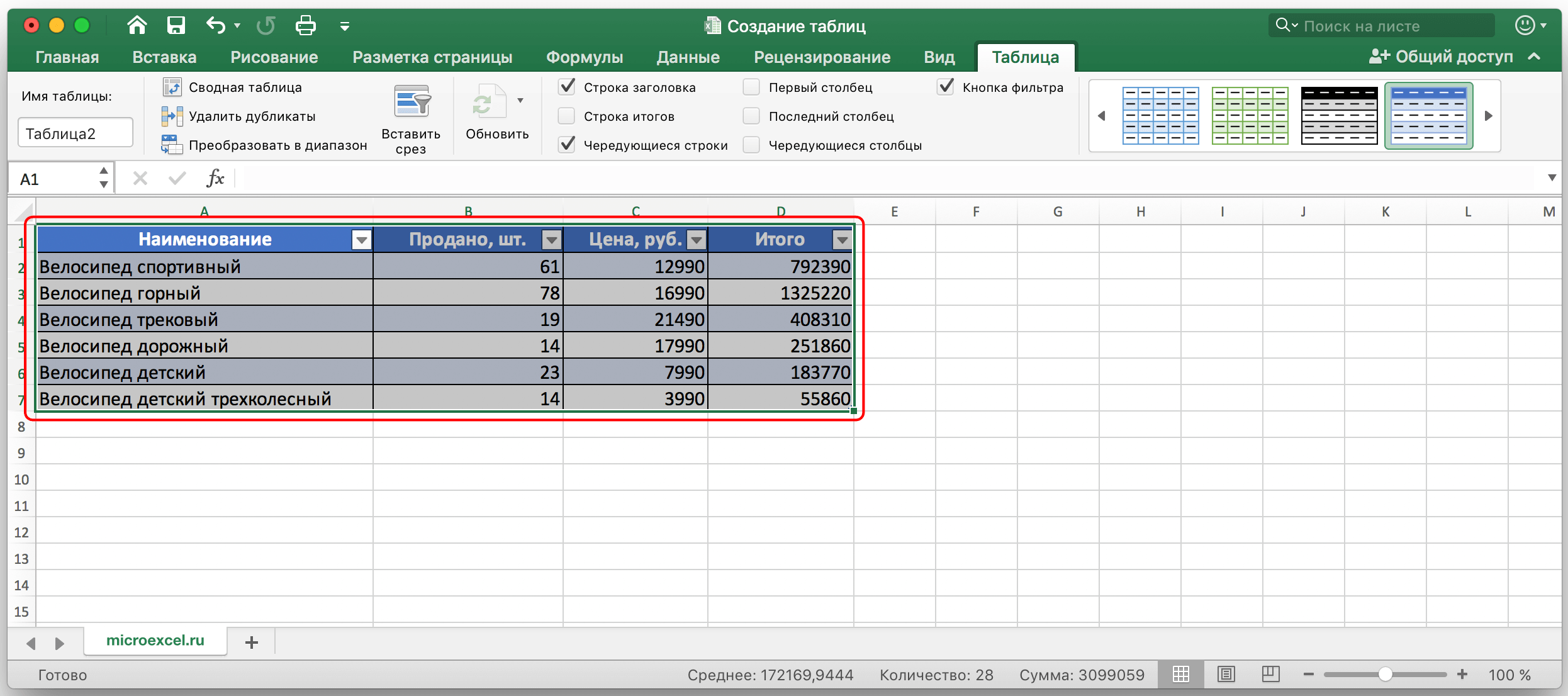 How to create a table in Excel