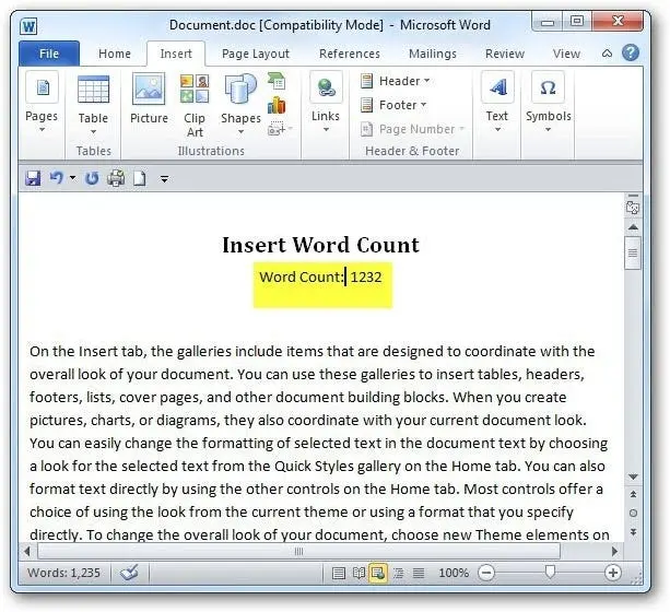 How to create a word counter in MS Word using field codes