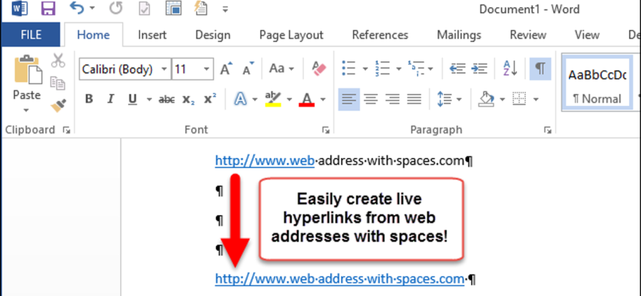 How to create active hyperlinks from web addresses containing spaces in a Word 2013 document