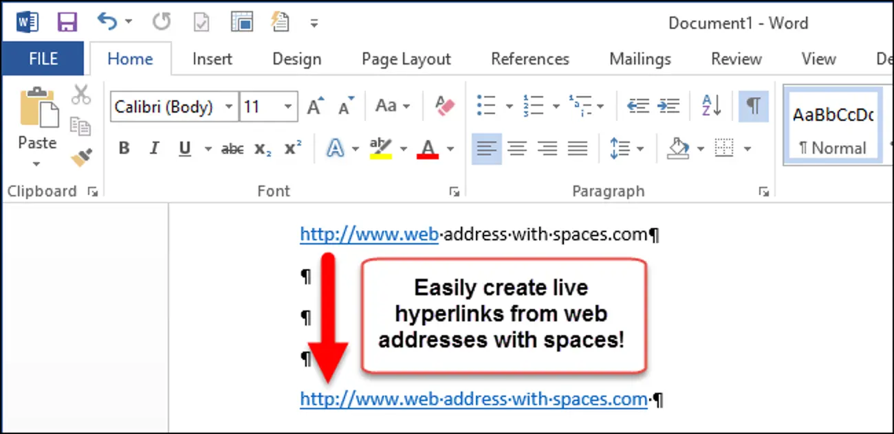 How to create active hyperlinks from web addresses containing spaces in a Word 2013 document