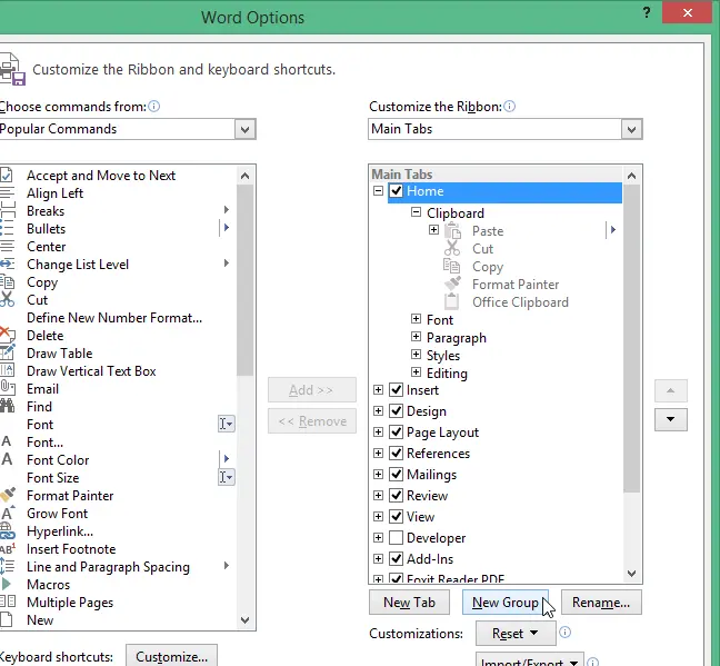 How to customize tabs on the ribbon in Office 2013