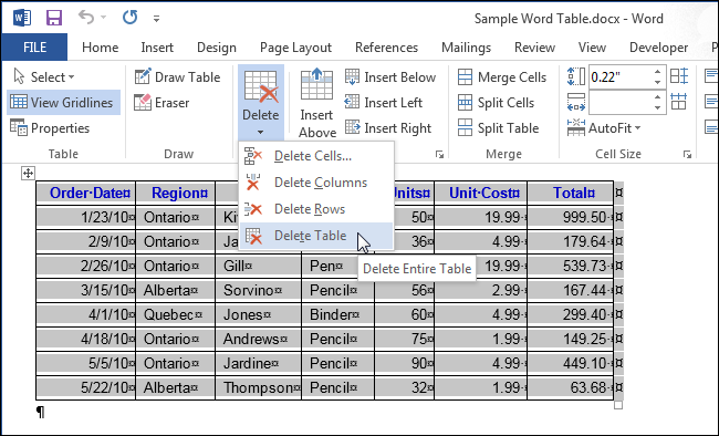 How to delete a table in Word