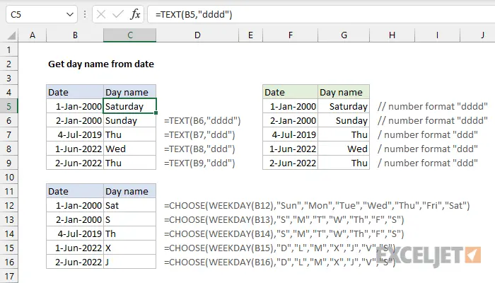 How to determine the day of the week from a date in Excel