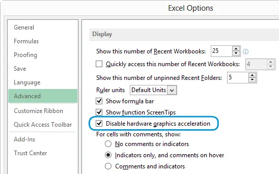 How to disable animation in Excel 2013