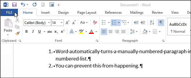 How to disable automatic creation of numbered lists in Word 2013