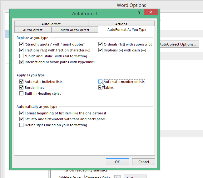 How to disable automatic creation of numbered lists in Word 2013