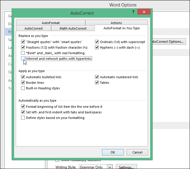 How to disable hyperlinks in Word 2013