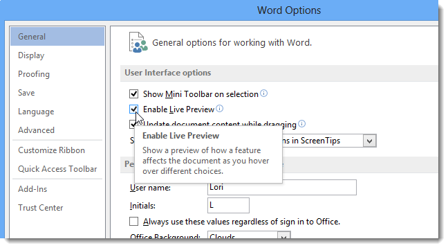 How to disable Mini Toolbar and Live View in Word 2013