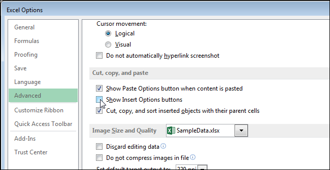 How to disable the Paste Options floating button in Excel