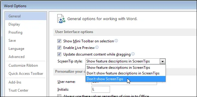 How to disable tooltips in Word 2013