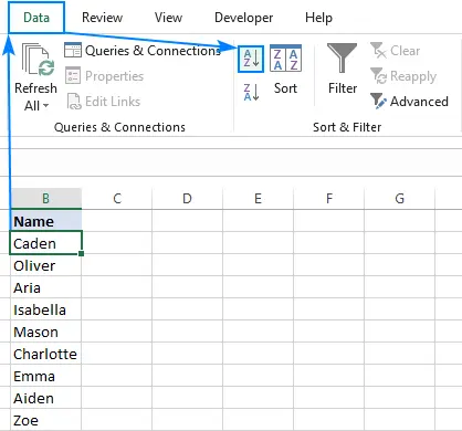 How to display data alphabetically in Excel