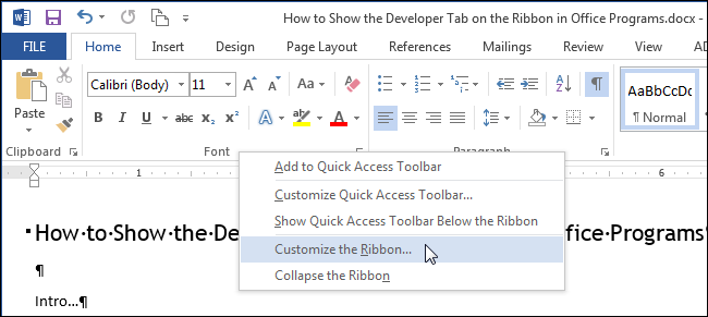 How to display the Developer tab in Office applications