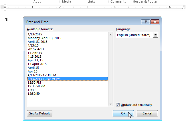 How to easily insert formatted date and time in Word 2013