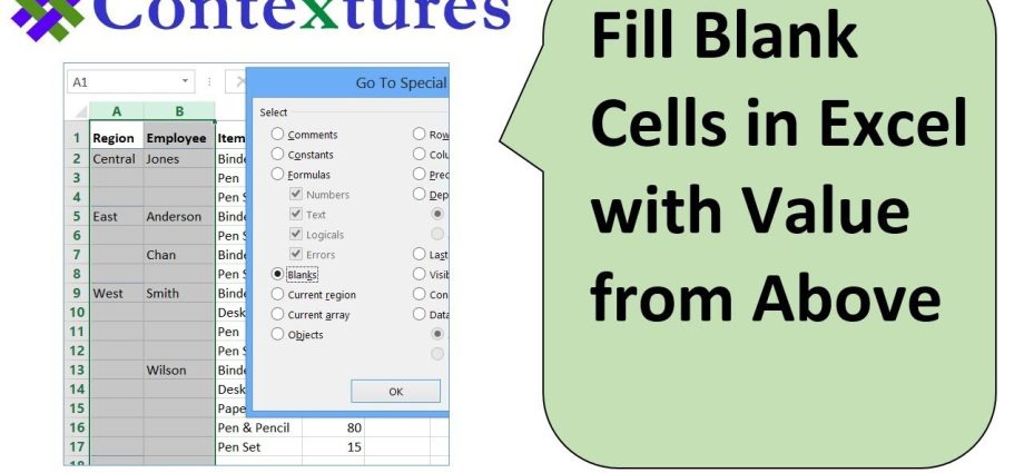 Як заповнити порожні клітинки верхніми значеннями в Excel