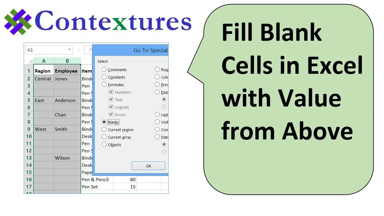 How to fill blank cells with top values ​​in Excel