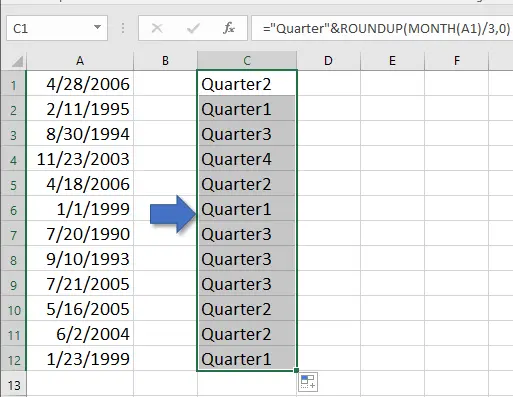 How to find the quarter of a date in Excel