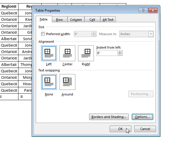 How to fix table cell size in MS Word