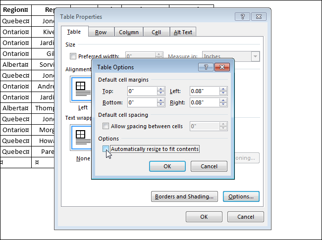 How to fix the size of cells in a table in Word