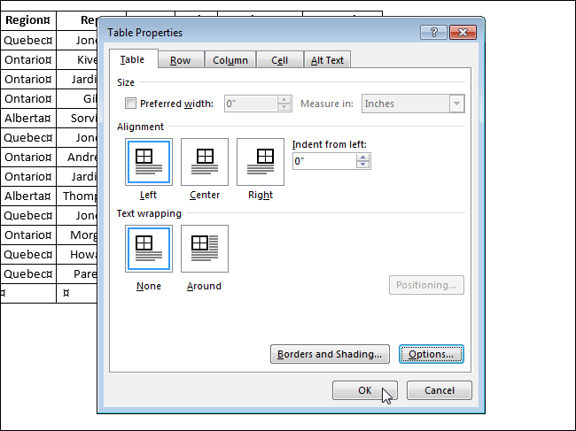 How to fix the size of cells in a table in Word