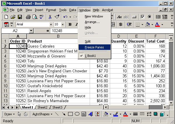 Kako zamrznuti red u Excelu 2003 pri pomicanju