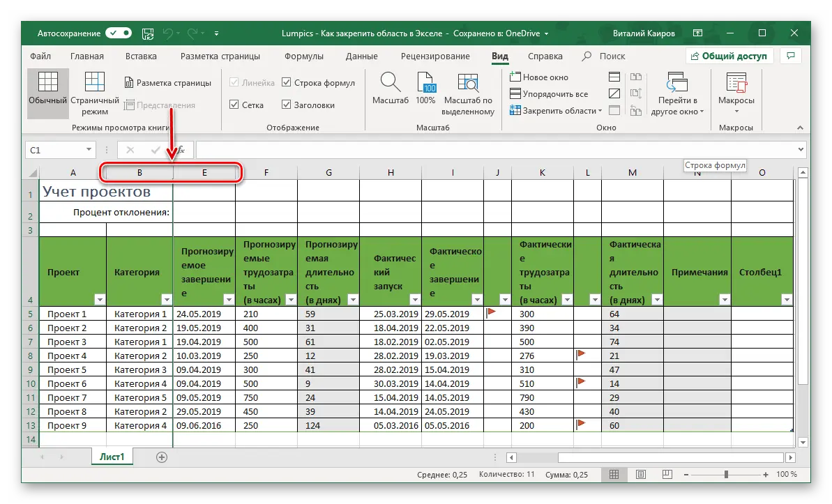 How to freeze an area in Excel. Pinning an area in Excel and unpinning