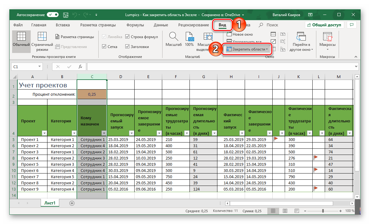 How to freeze an area in Excel. Pinning an area in Excel and unpinning