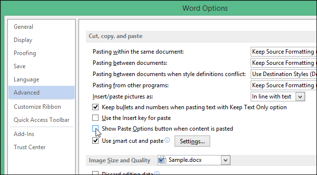 How to get rid of the Paste Options pop-up menu in Word 2013