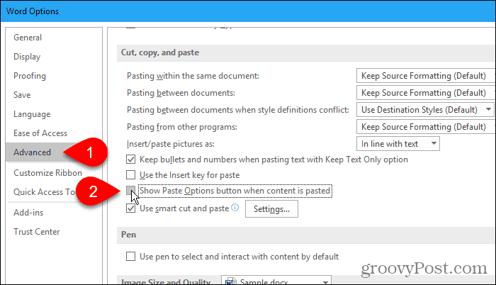 How to get rid of the Paste Options pop-up menu in Word 2013