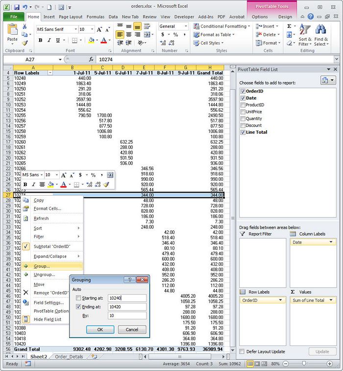 How to group data in an Excel PivotTable for further generalization and analysis