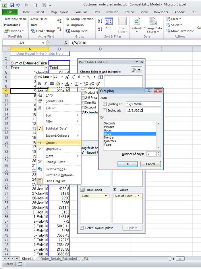 How to group data in an Excel PivotTable for further generalization and analysis