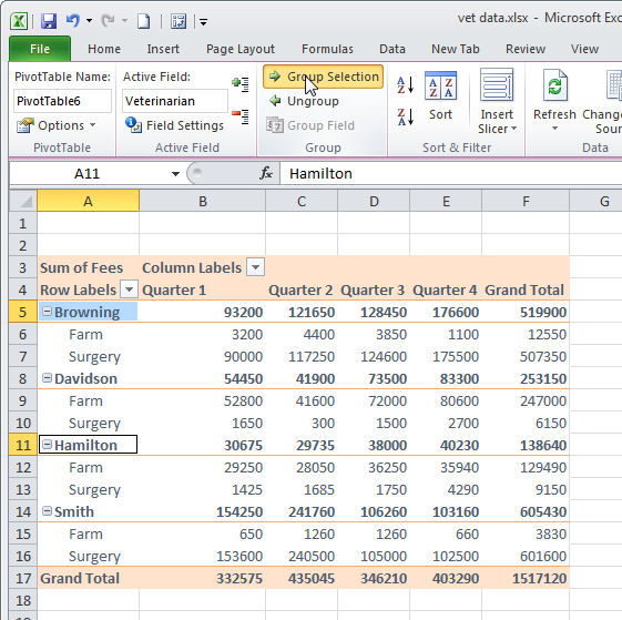 How to group data in an Excel PivotTable for further generalization and analysis