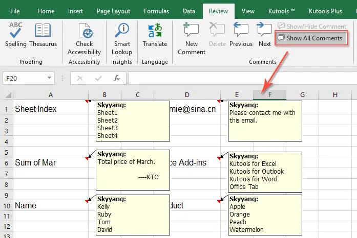 How to hide all notes at once in Excel