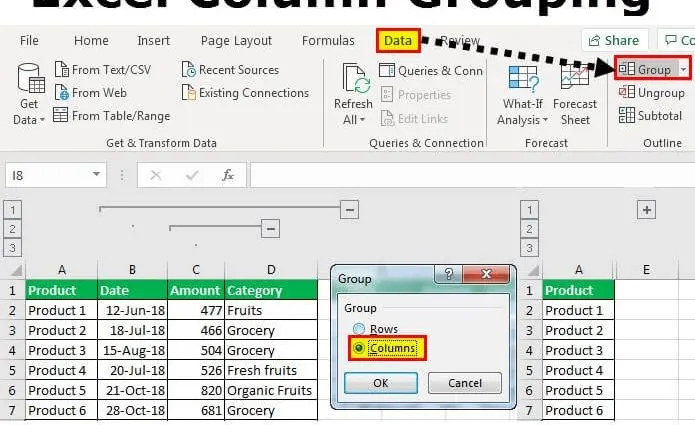 Sut i guddio a grwpio colofnau yn Excel