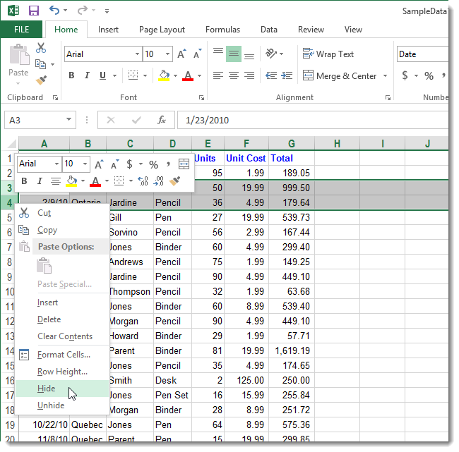 How to hide and show hidden rows and columns in Excel 2013