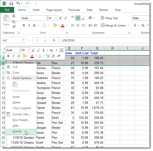 How to hide and show hidden rows and columns in Excel 2013