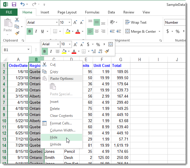 How to hide and show hidden rows and columns in Excel 2013