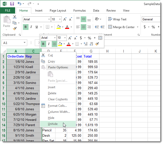 How to hide and show hidden rows and columns in Excel 2013