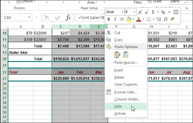 How to hide cells, rows and columns in Excel