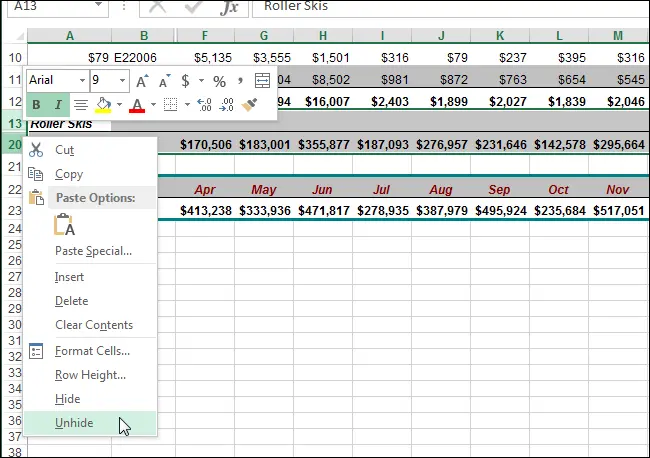 How to hide cells, rows and columns in Excel