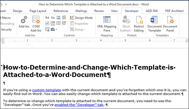 How to identify and change the template associated with a Word document