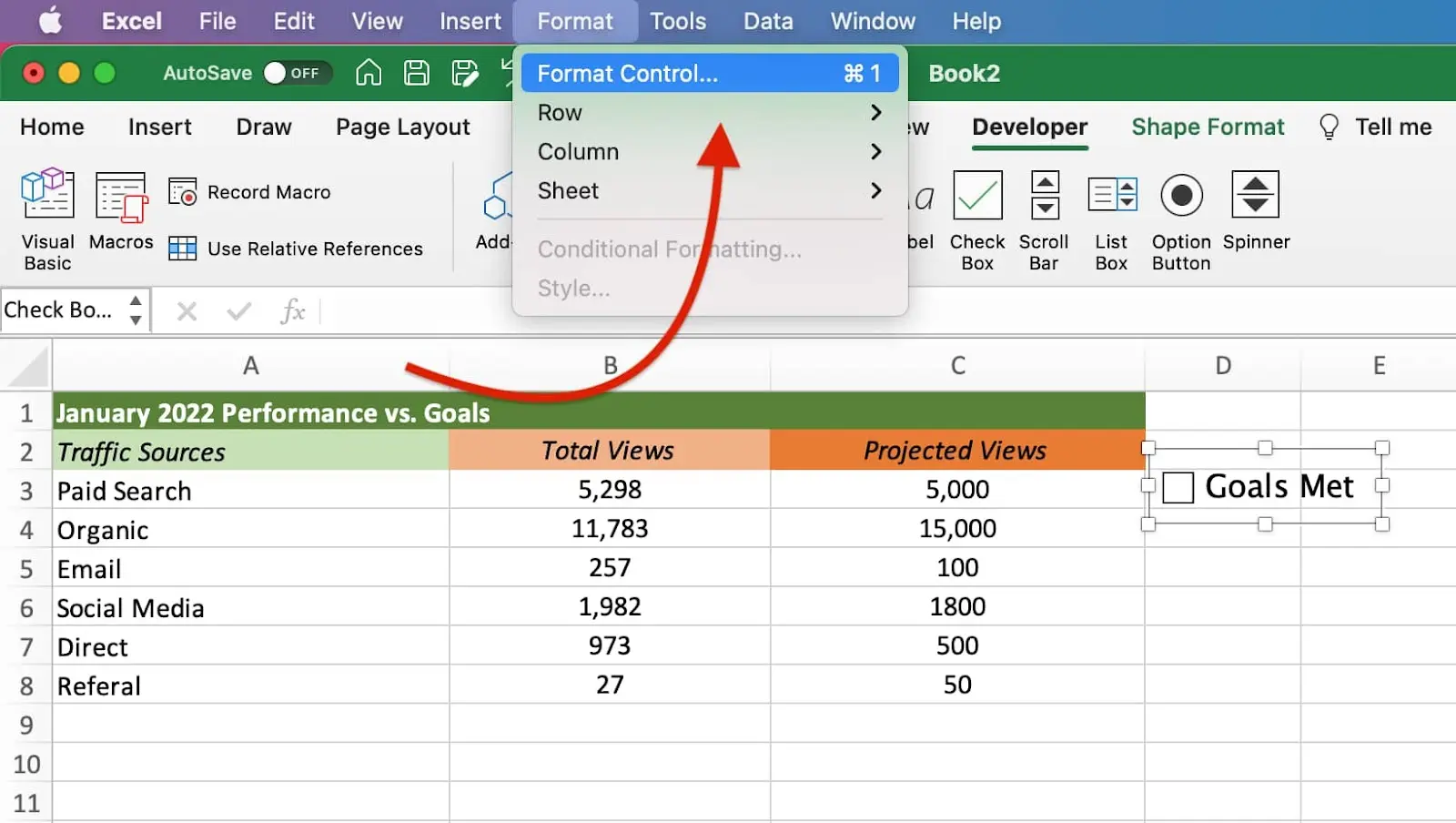 How to insert a checkbox in an Excel spreadsheet