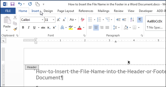 How to insert a file name in the footer of a Word document