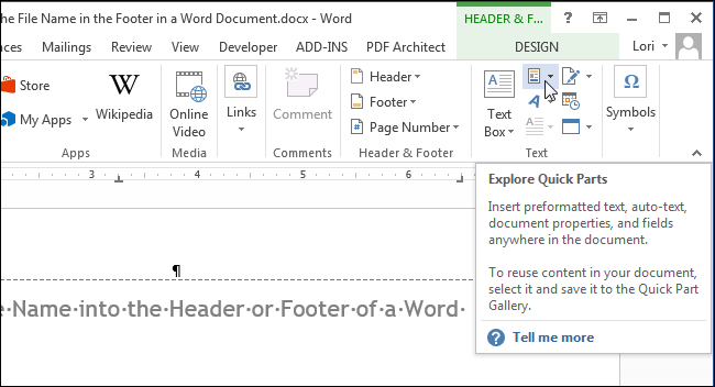 How to insert a file name in the footer of a Word document