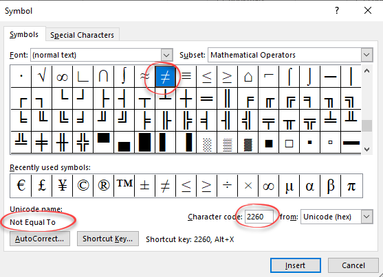 How to insert a not equal sign in Excel